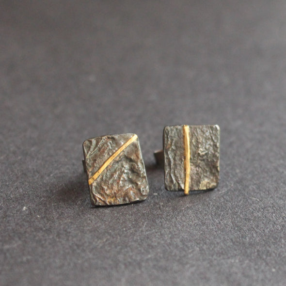 Lucy Spink - Reticulated Oxidised Studs with Gold Bar