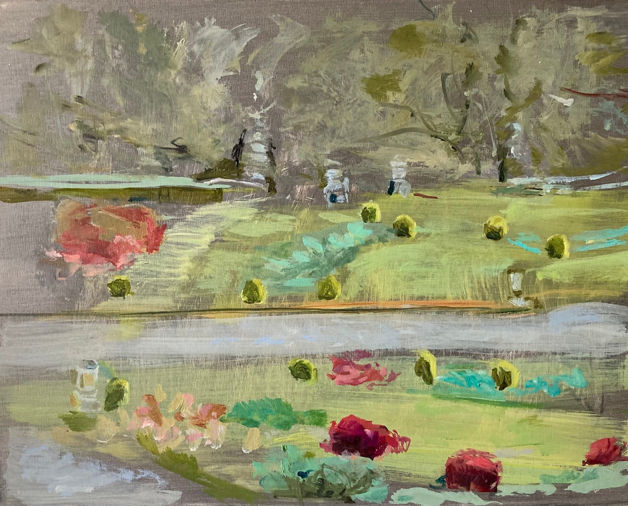 small oil painting of a formal garden with lawns dotted with pink and yellow shrubs on either side of a lake it is by artist Katy Brown