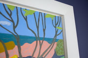 The corner of Colourful painting of trees and bushes with the sea and sky in the background. Called Spring Garden by Sophie Harding