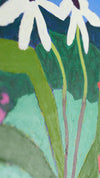 Close up of painting of two white flowers on a background of green grass and blue sky.