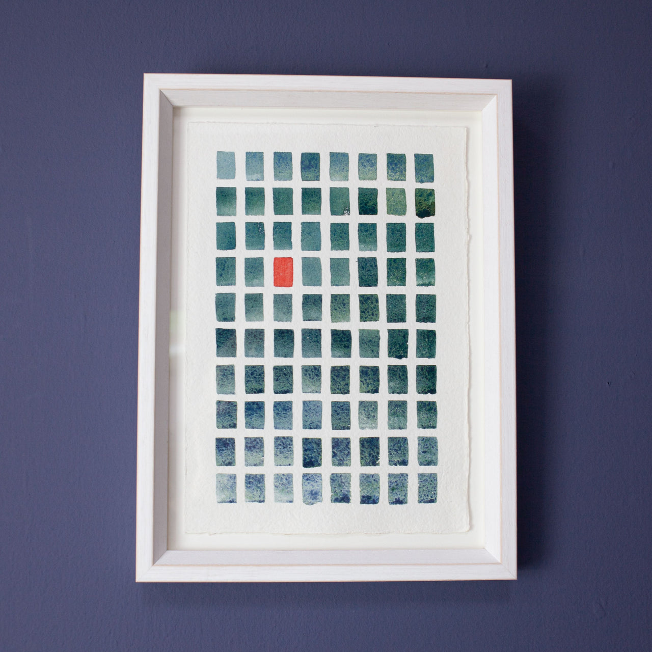 Framed Abstract painting made up of green and grey coloured rectangles with one red one. Painted by David Muddyman and called Plymouth Sound