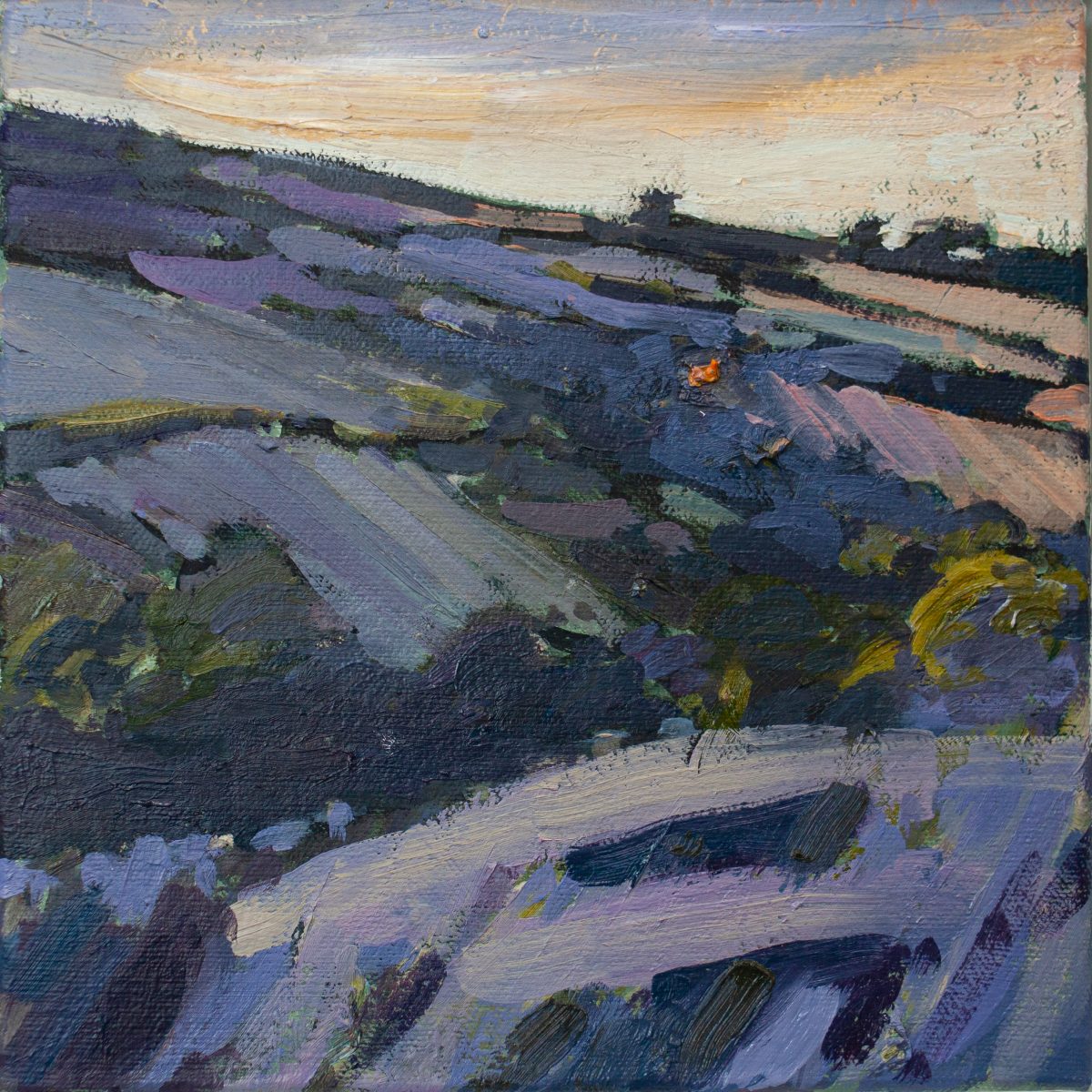 Jill Hudson oil painting in purple colours of a field with a distant farmhouse