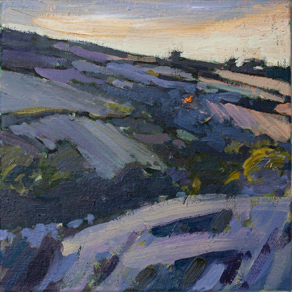 Jill Hudson oil painting in purple colours of a field with a distant farmhouse 