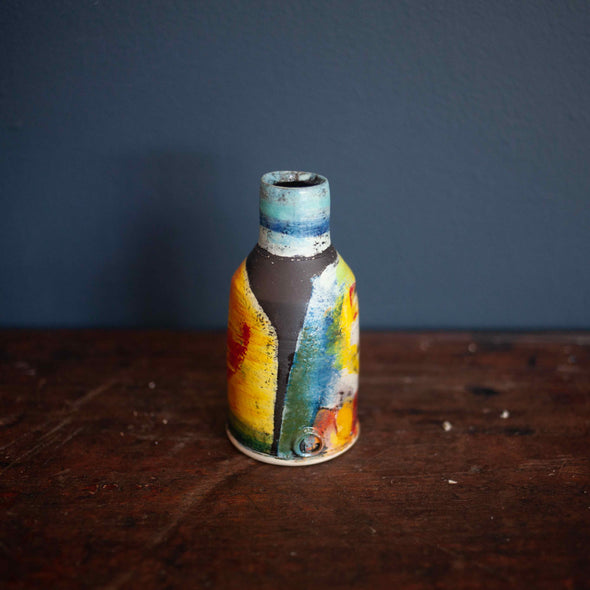 Blue and yellow ceramic bottle by John Pollex