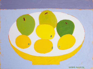 painting of green apples and lemons in a fruit bowl on a grey background by Cornwall artist Sophie Harding
