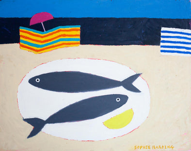 Sophie Harding painting of two fish on a plate at the beach, catch of the day