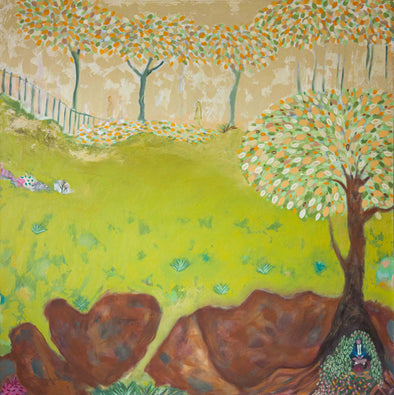 Siobhan Purdy painting of field with trees and person hiding in roots