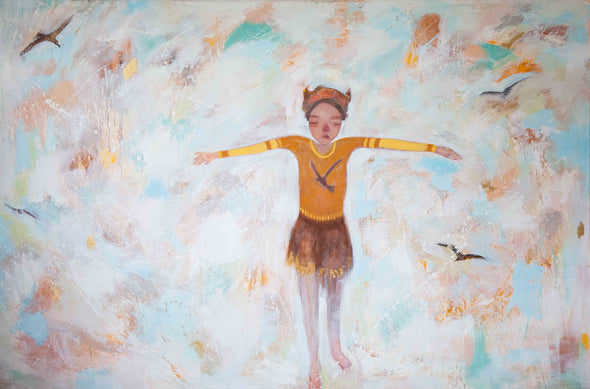 Siobhan Purdy painting of a girl in the clouds with birds flying around her