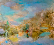 Katy Brown abstract painting of a pond surrounded by flowering shrubs