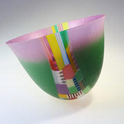 Ruth Shelley pink and green glass bowl with multicoloured central strip 