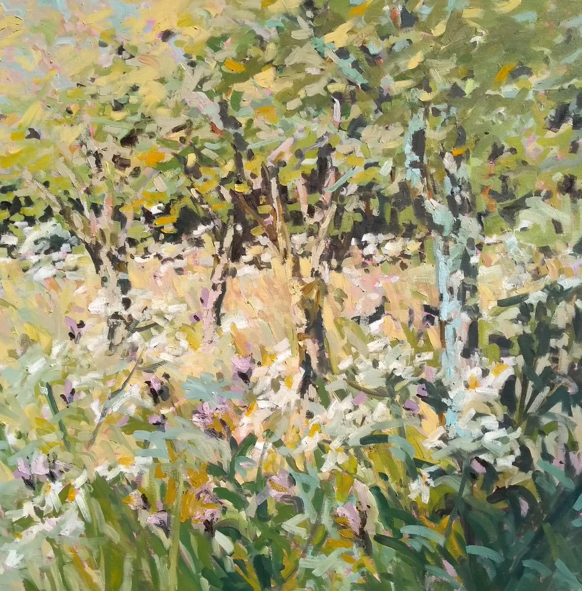 Jill Hudson abstract painting of pink, white and yellow flowers and long grass under trees