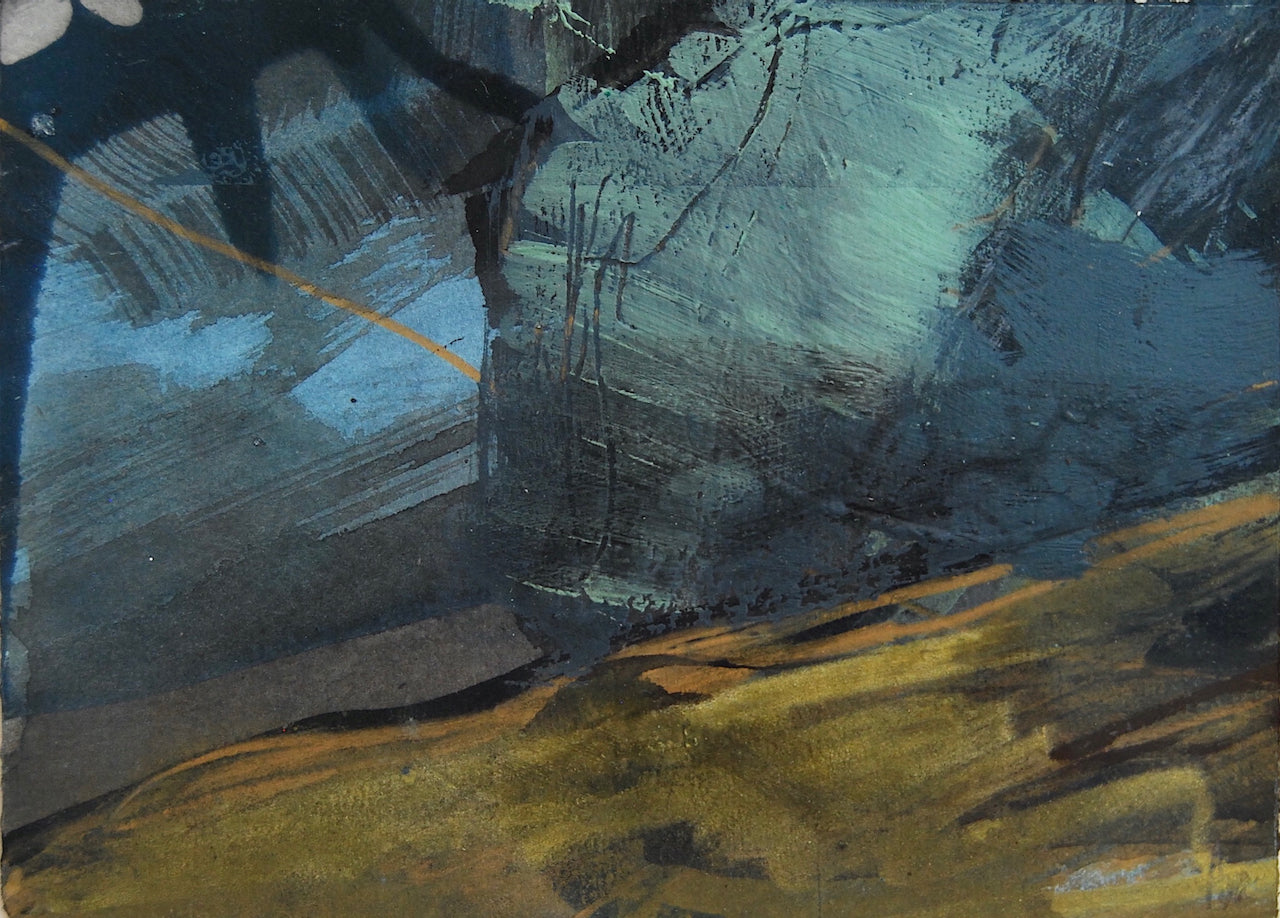 abstract painting by Alice Robinson-Carter of Rame Head peninsula in Cornwall, the landscape is dark mustard and the sky dark blues and black