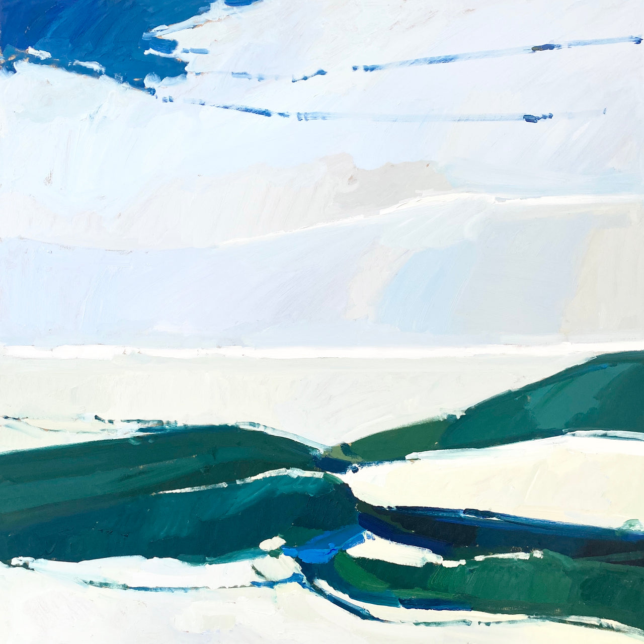 abstract landscape painting by Martha Holmes of sand dunes looking out to a pale see under a white and blue sky.