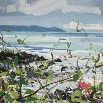 Imogen Bone painting of the glimpses of the sea peeking through coastal bushes