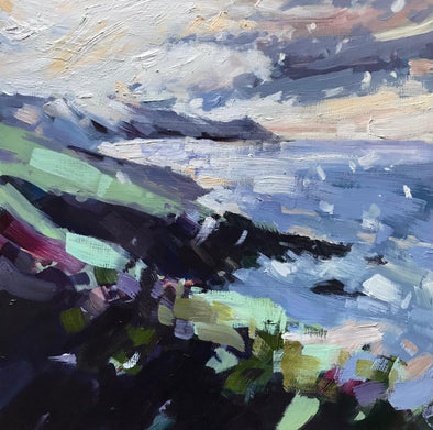 Jill Hudson painting of Rame Head coastline in Cornwall in a wintery scene with a flurry of snowflakes