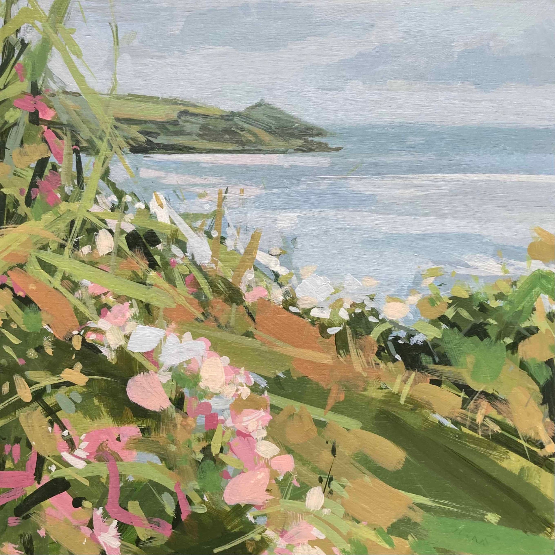 Imogen Bone painting of a coastal view with pink flowers in the foreground