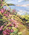 Painting in oils by artist Jill Hudson of pink flowers in the foreground and the sea in the background