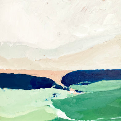An abstract painting in blues, greens and pinks of a Cornwall landscape by Cornwall artist Martha Holmes.