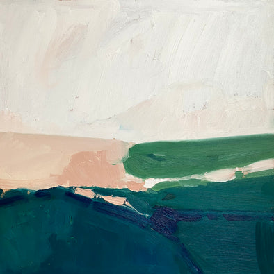 abstract painting in blues and pinks of a Cornwall landscape by Cornwall artist Martha Holmes