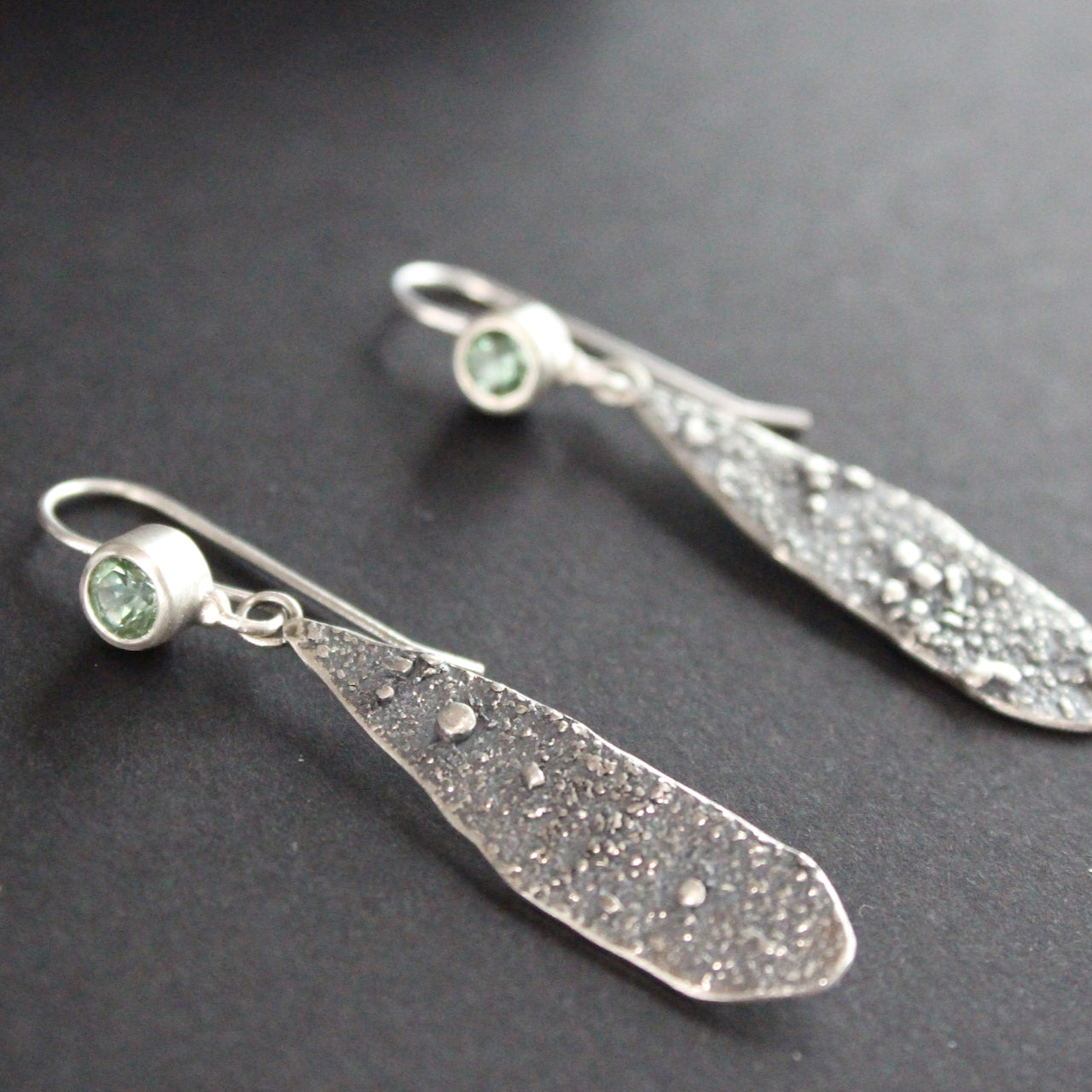 Mint green tourmaline drop earrings in textured sterling silver