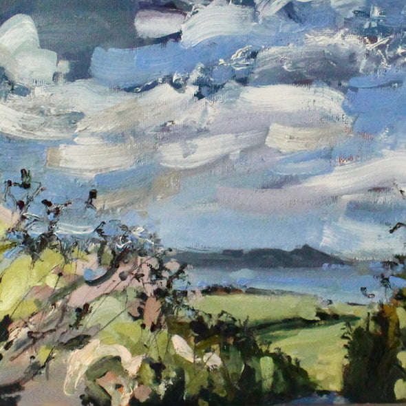 detail of a painting of a view of Rame Head in south east Cornwall with pink and green flowers in the foreground and white clouds in the sky by Cornwall artist Jill Hudson.