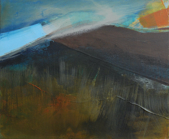 Alice Robinson-Carter abstract painting of Rame Head peninsula in Cornwall, the peninsula is dark against a blue sky with an orange setting sun