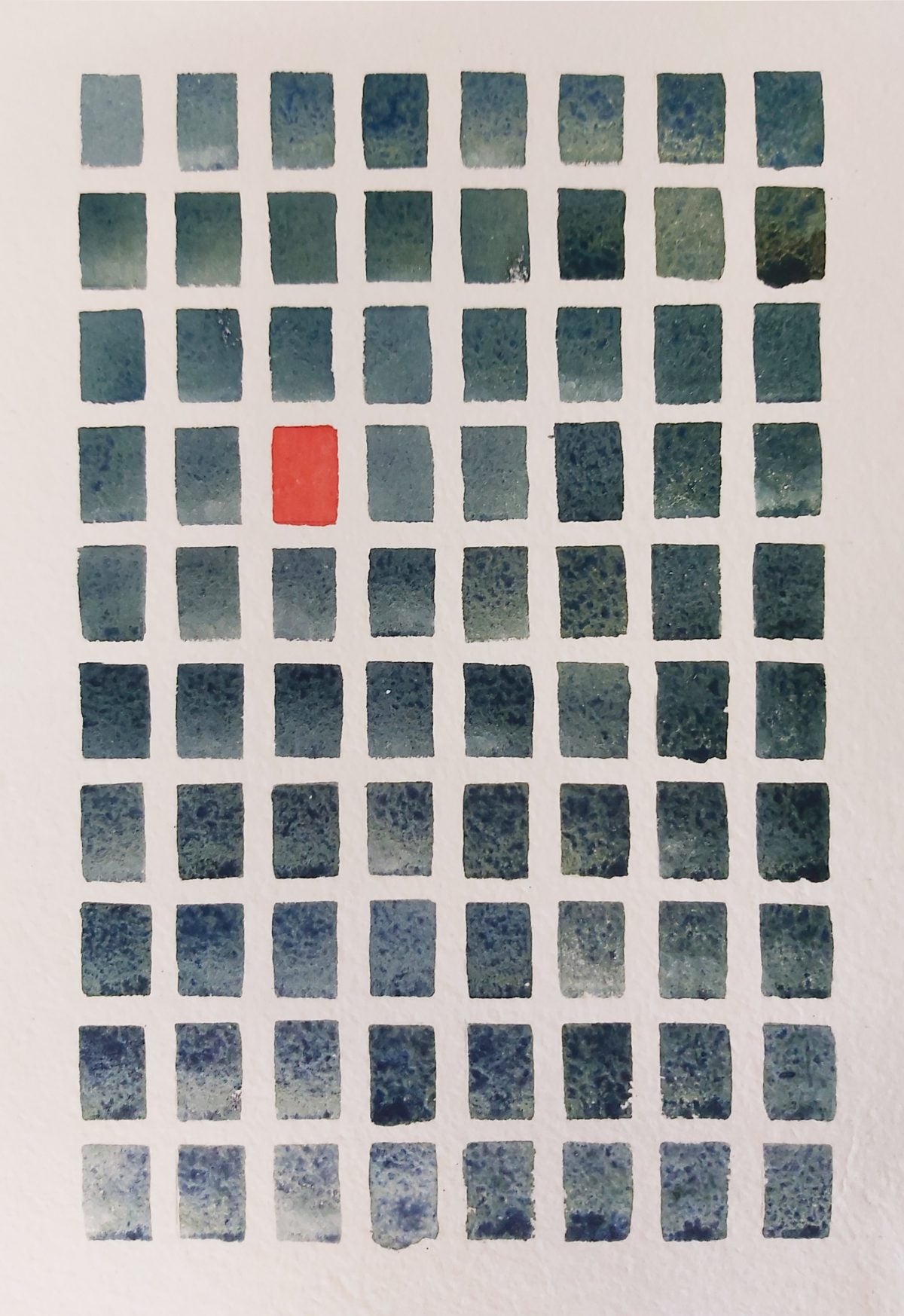 Abstract painting made up of green and grey coloured rectangles with one red one. Painted by David Muddyman and called Plymouth Sound 