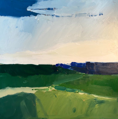 Abstract Cornwall landscape of a green field and white cloudy sky by Martha Holmes