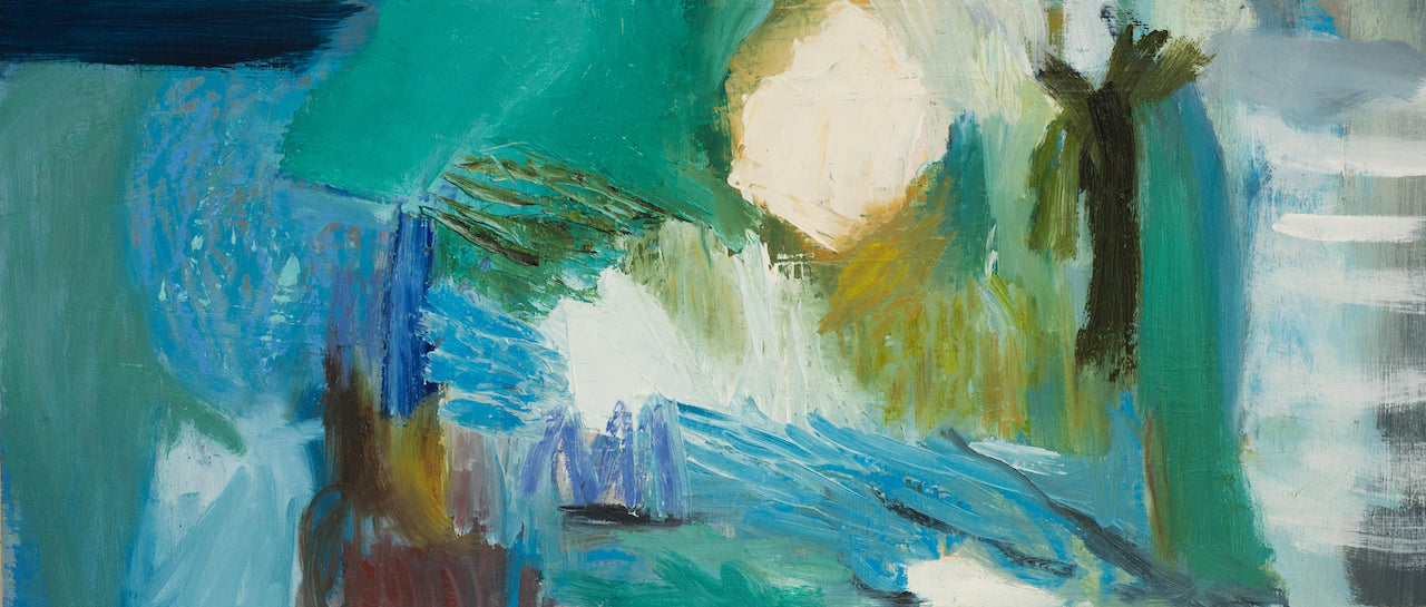 An abstract oil painting of a riverbank in blues, greens, yellow and brown by Cornish artist Heath Hearn