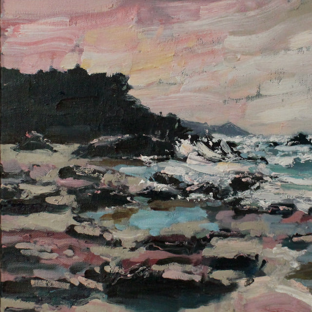 detail of an oil painting of a stormy sea in blues and whites, pink and grey rocks and a view of the Rame Head headland it is by Cornwall artist Jill Hudson 