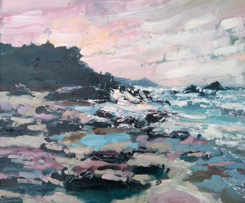 painting of a stormy sea in blues and whites, pink and grey rocks and a view of the Rame Head headland it is by Cornwall artist Jill Hudson
