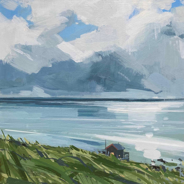 Painting of the stormy sea and a cottage on the coast by Imogen Bone