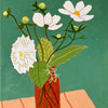 a painting by artist Sophie Harding of white flowers on a wooden table with a green background 