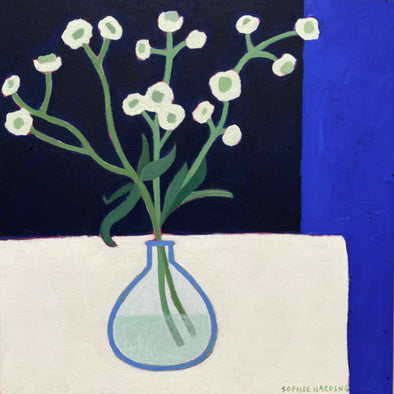 painting of white flowers in a glass vase on a white table cloth by artist Sophie Harding 