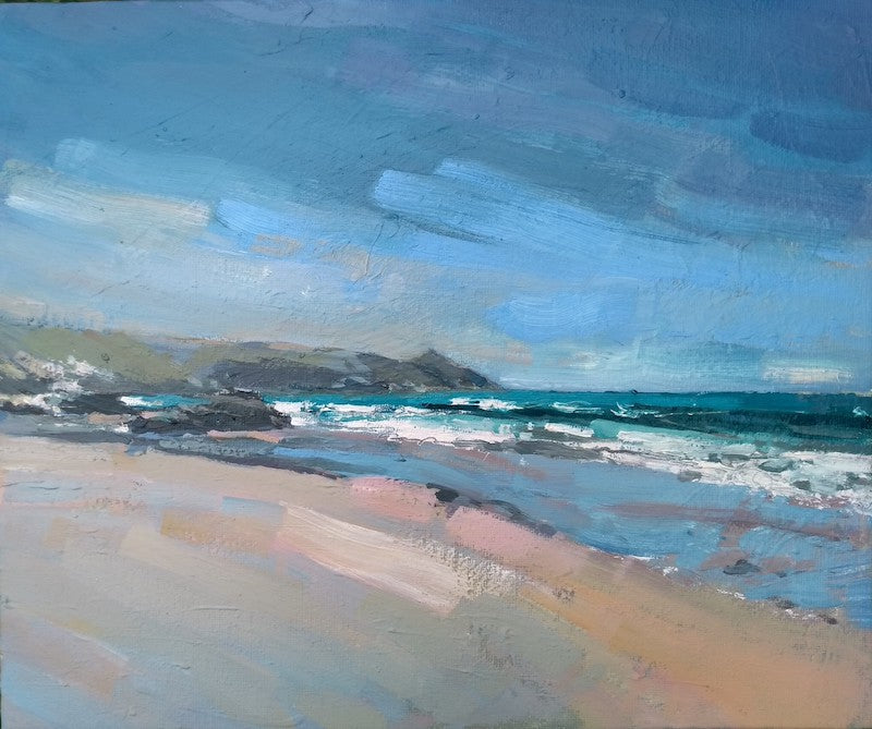 an oil painting by Jill Hudson, Cornwall artist, it shows the beach and sea and Rame Head peninsula