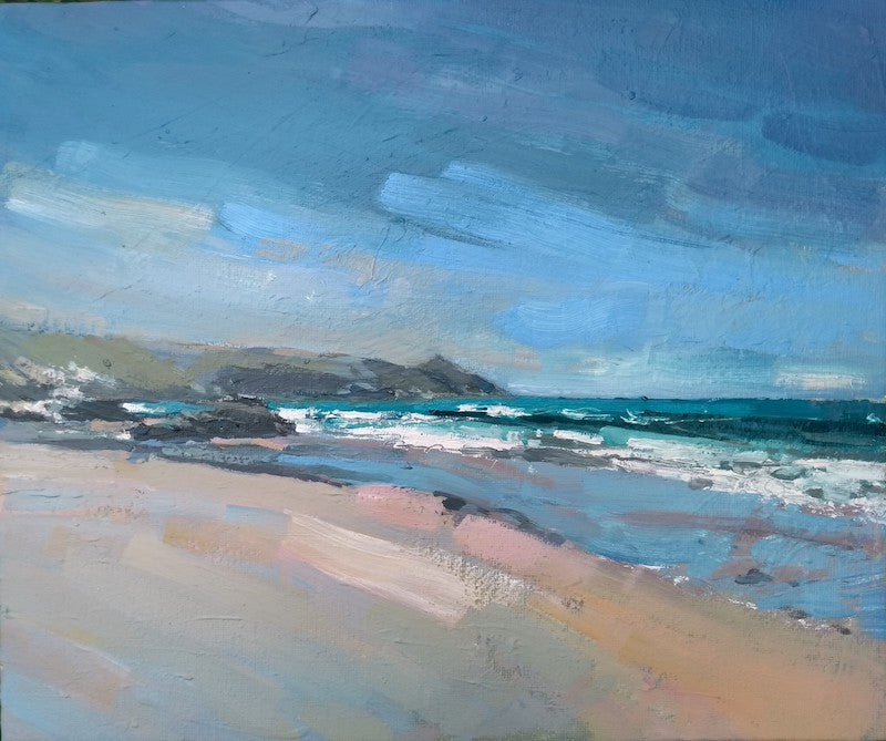 an oil painting by Jill Hudson, Cornwall artist, it shows the beach and sea and Rame Head peninsula 