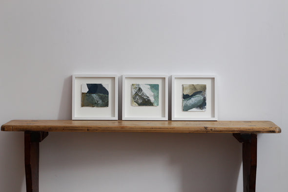 Cornwall coast line inspired mixed media paintings of ocean, rocks and hillside