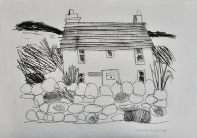 black and white print by Sophie Harding  of a Cornish Cottage