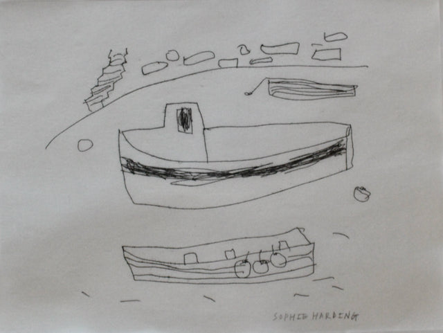 drawing in black ink by Sophie Harding of three boats in a harbour. 