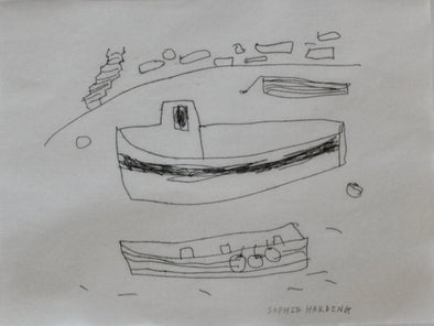 drawing in black ink by Sophie Harding of three boats in a harbour. 