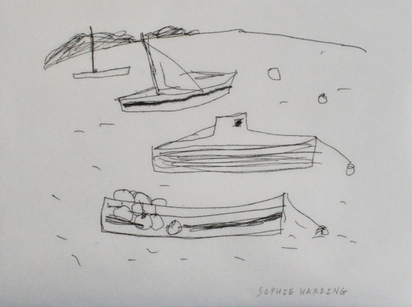 drawing in black ink by Sophie Harding of four boats anchored  in the sea