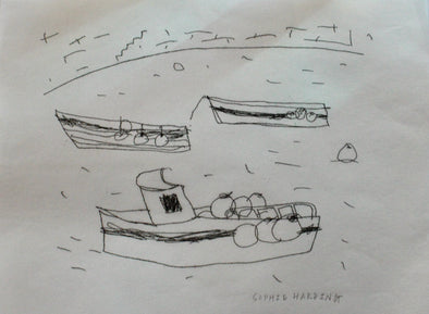 drawing in black ink by Sophie Harding of three boats in a harbour  in Cornwall.