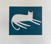 print of an abstract  white cat on a blue background by Cornwall artist Sophie Harding