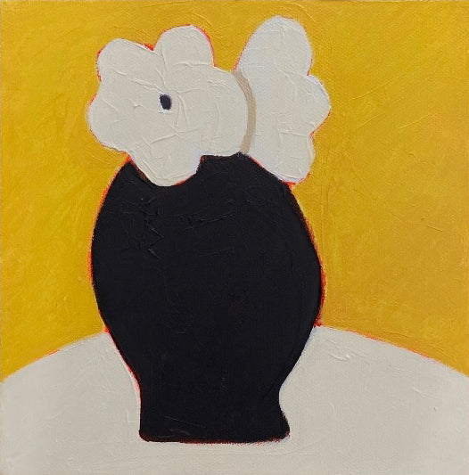 Sophie Harding painting of white flowers in a black vase against a yellow background