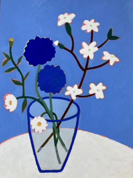 Sophie Harding painting of painting of white and blue cornflowers in a glass vase on a white table cloth 