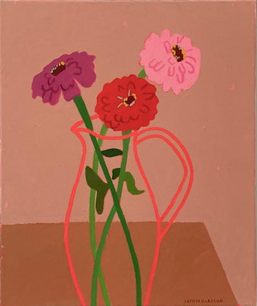Sophie Harding painting called  Penzance Zinnias 3 Pink Flowers in clear vase 