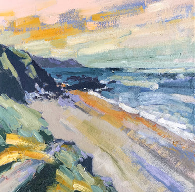Jill Hudson oil painting of the coastline in vibrant blues, yellows, greens and muted pinks