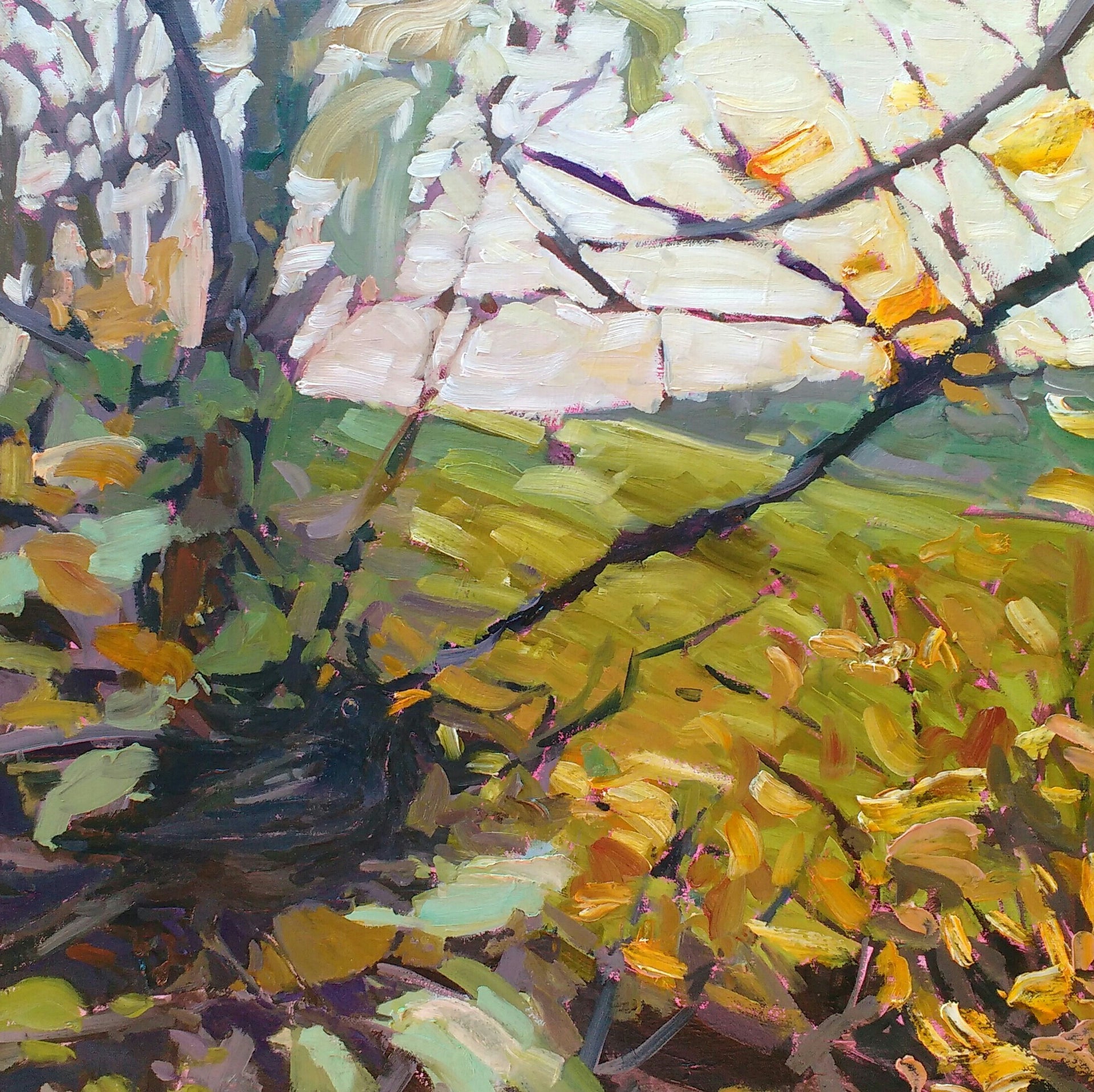 Oil painting by Jill Hudson is greens and yellows of a Cornish Spring hedge