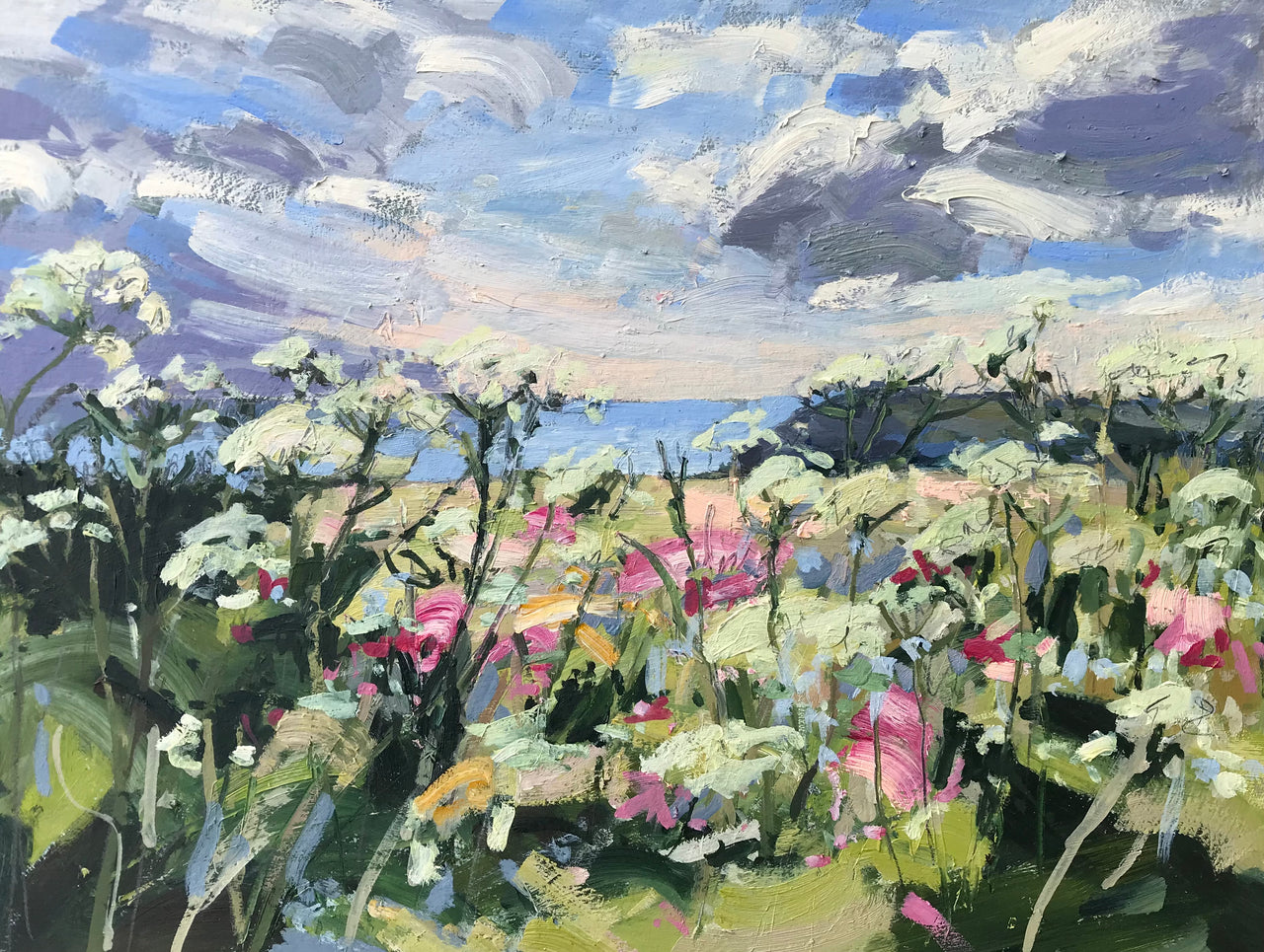 Oil painting by Jill Hudson of Spring on the Coast Path with wildflowers in the foreground and the sea and sky in the background