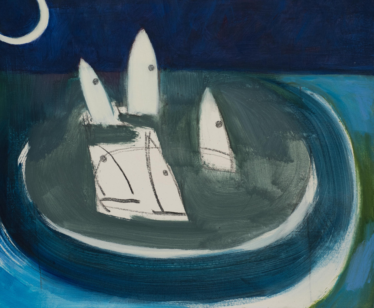abstract painting by Heath Hearn of fish heads looking out of blue bowl up to the night sky 
